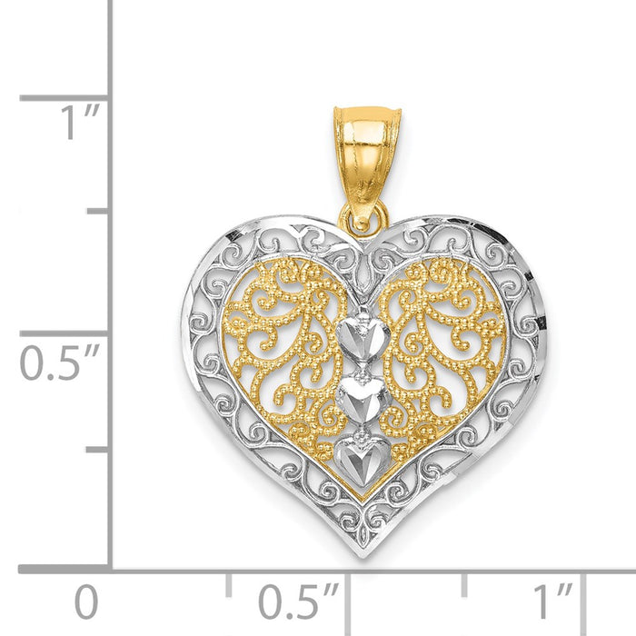 Million Charms 14K Yellow Gold Themed With Rhodium-plated Diamond-Cut Filigree Heart Pendant