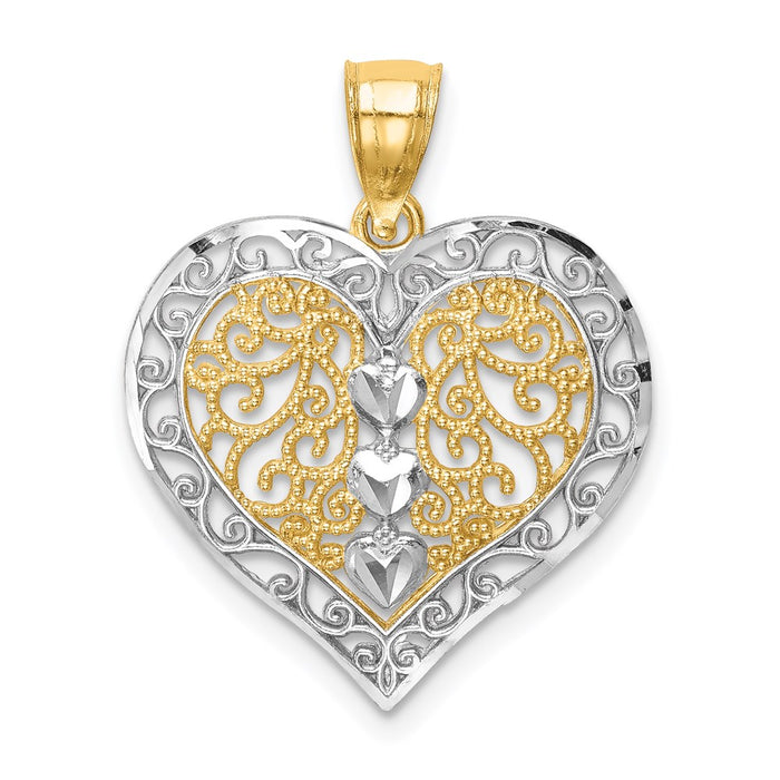 Million Charms 14K Yellow Gold Themed With Rhodium-plated Diamond-Cut Filigree Heart Pendant