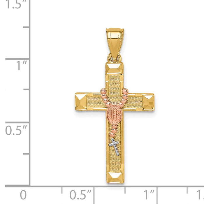 Million Charms 14K Two-Tone White Rhodium-plated Relgious Cross With Rosary Pendant