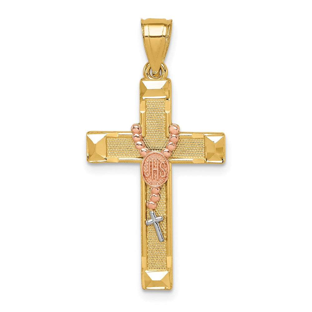 Million Charms 14K Two-Tone White Rhodium-plated Relgious Cross With Rosary Pendant