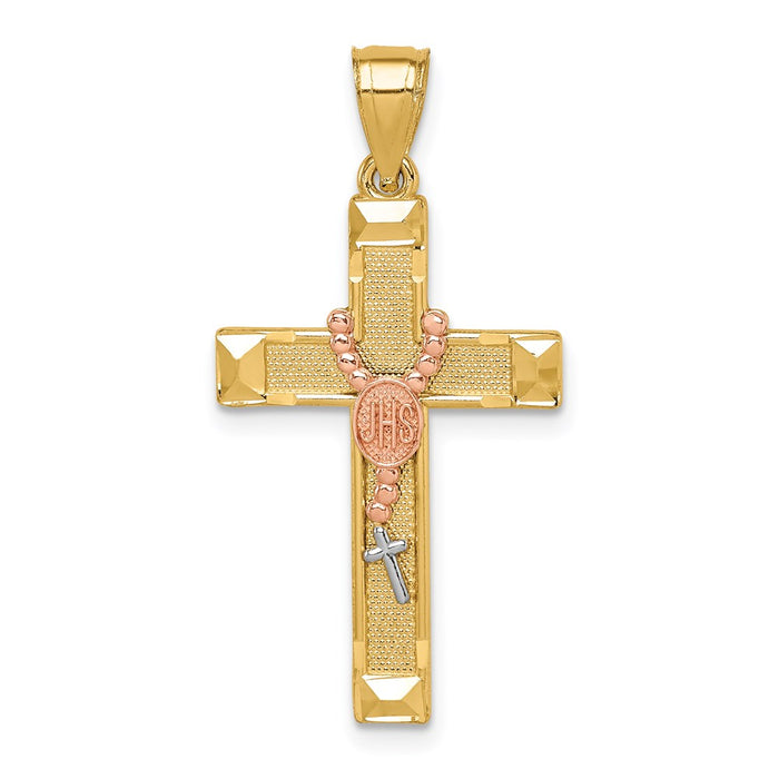 Million Charms 14K Two-Tone White Rhodium-plated Relgious Cross With Rosary Pendant