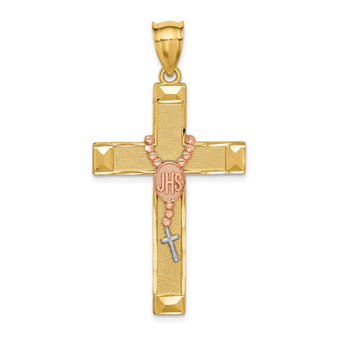 Million Charms 14K Two-Tone White Rhodium-plated Relgious Cross With Rosary Pendant