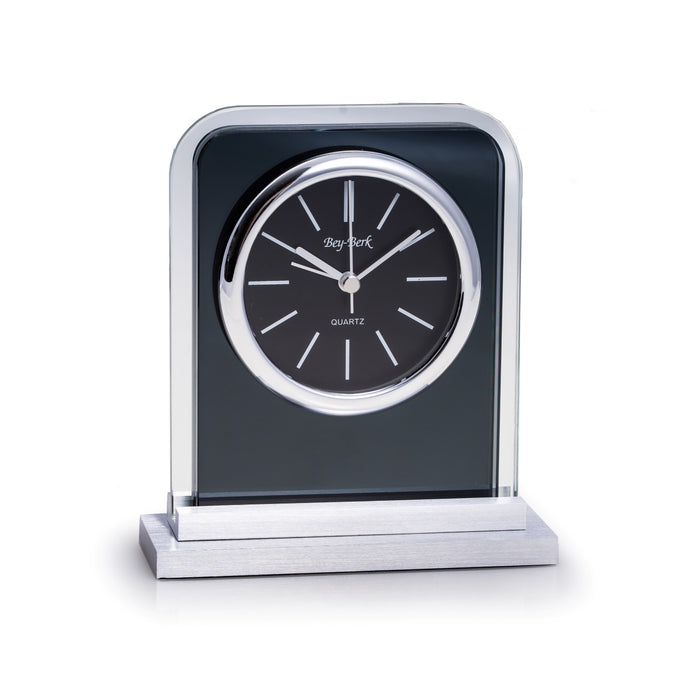 Occasion Gallery Black/Silver Color "Lachin", Glass Alarm Clock with Brushed Stainless Steel Accents.  6.25 L x 5.5 W x 2 H in.