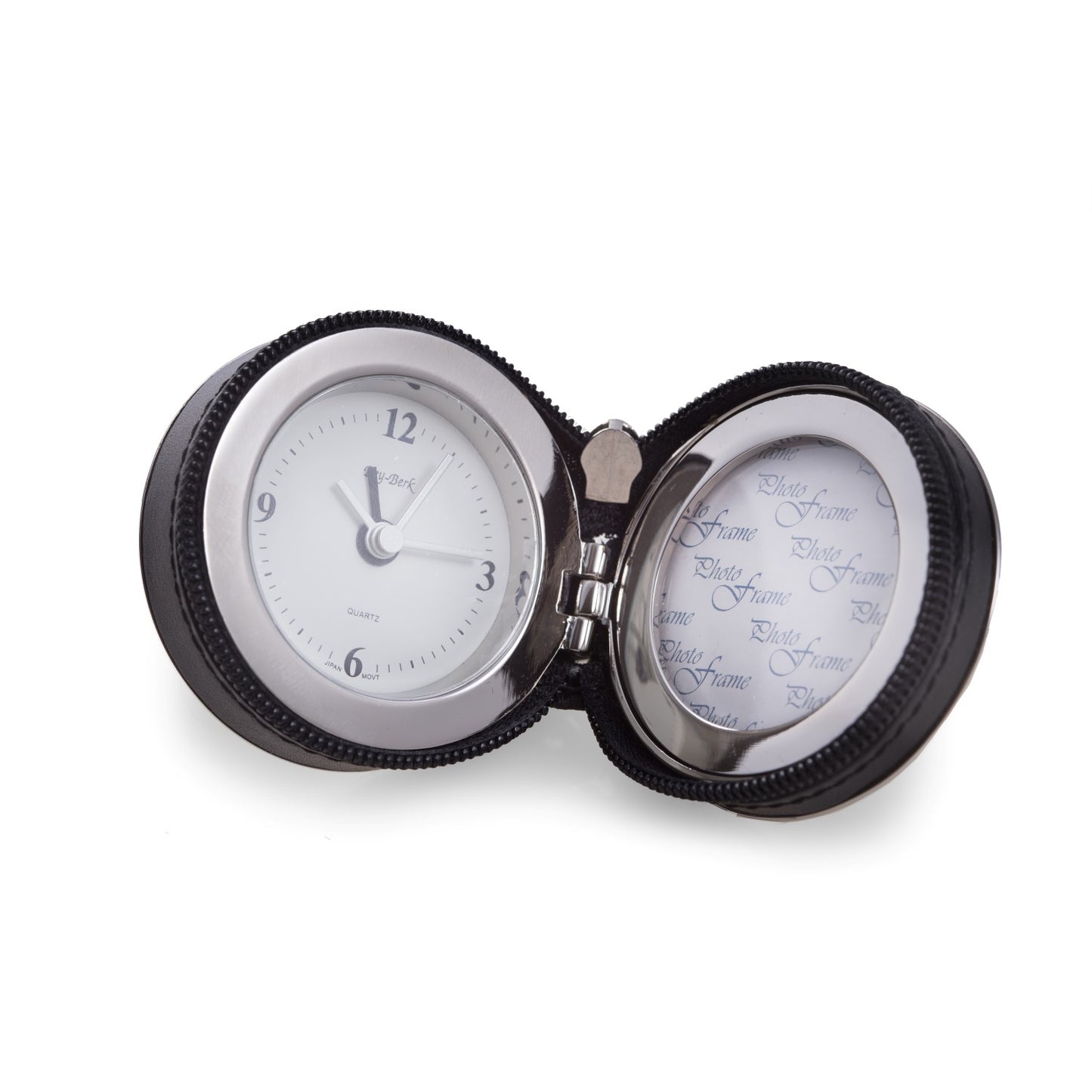 Occasion Gallery Black/Silver Color "Sevan", Stainless Steel and Black Leather Wrap Alarm Clock with Frame and Zipper Closure.  2 L x 1 W x 1 H in.