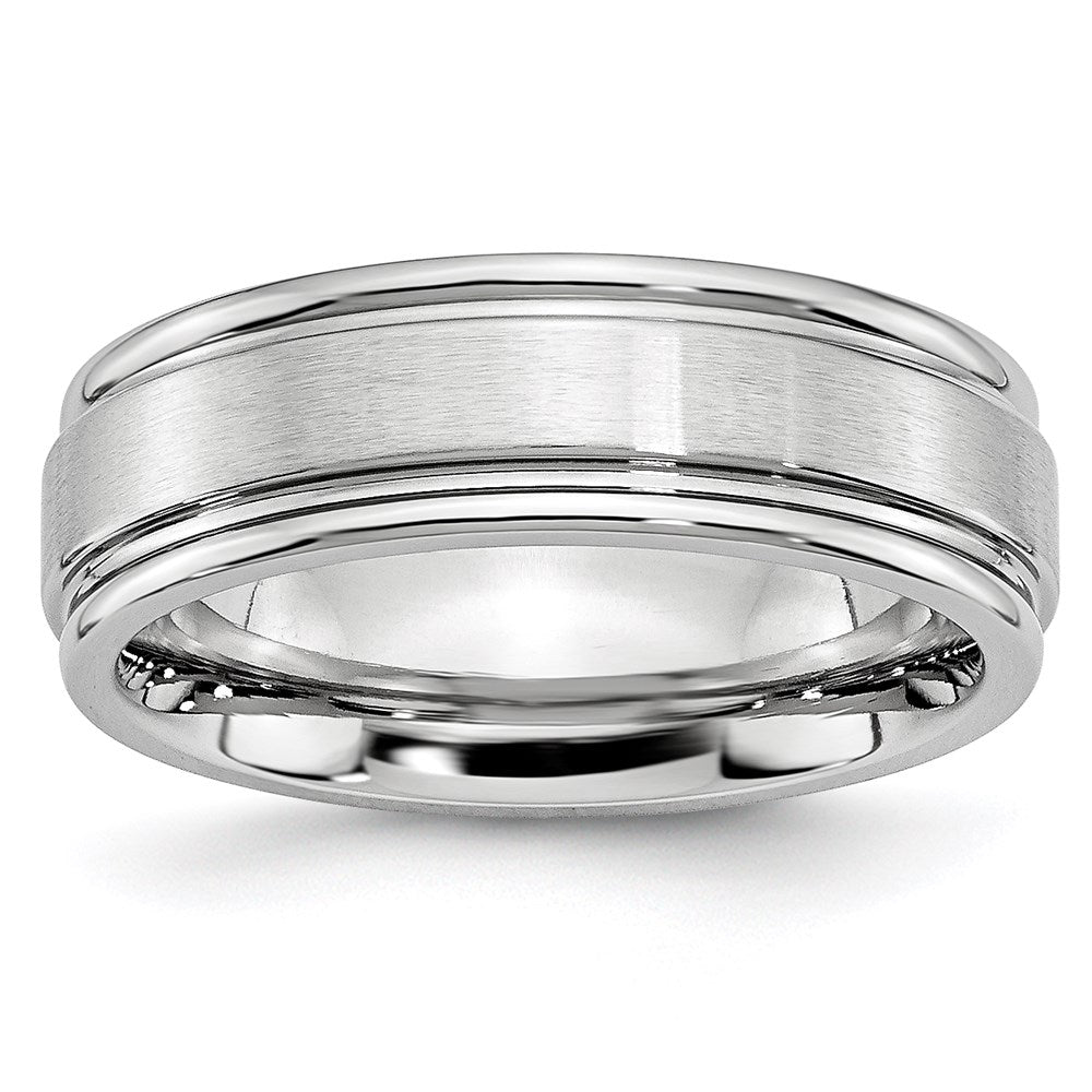 Unisex Fashion Jewelry, Chisel Brand Cobalt Satin and Polished Ridged Edge 7mm Ring Band