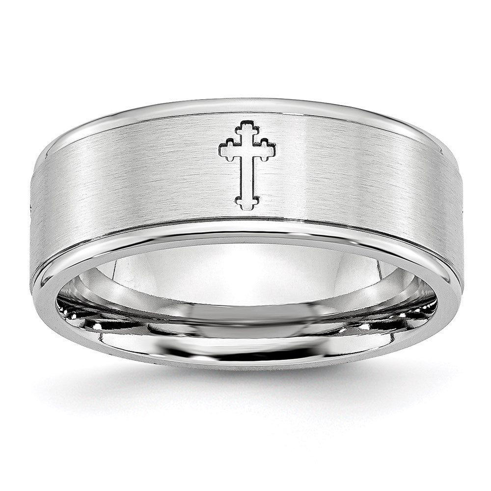 Unisex Fashion Jewelry, Chisel Brand Cobalt Satin and Polished Ridged Edge 8mm Ring Band