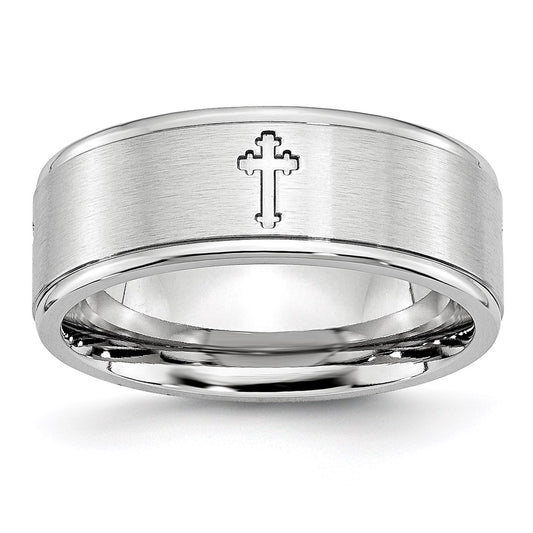 Unisex Fashion Jewelry, Chisel Brand Cobalt Satin and Polished Ridged Edge 8mm Ring Band