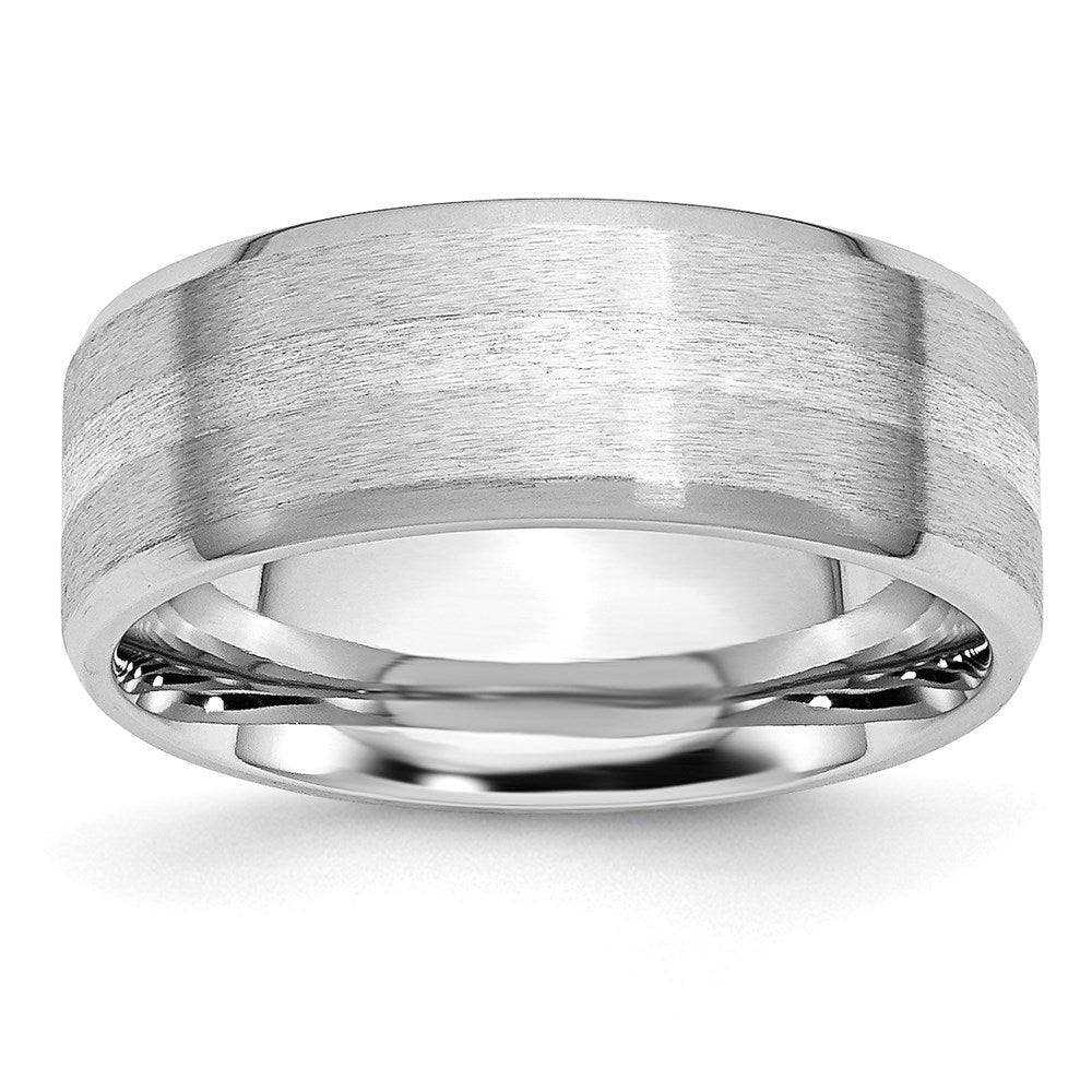 Unisex Fashion Jewelry, Chisel Brand Cobalt Sterling Silver Inlay Satin/Polished Beveled Edge 8mm Ring Band