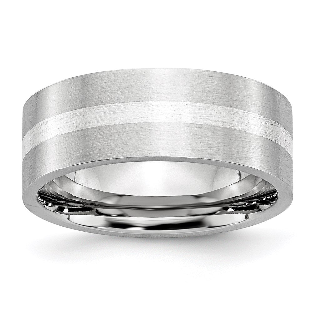 Unisex Fashion Jewelry, Chisel Brand Cobalt Sterling Silver Inlay Satin 8mm Flat Ring Band