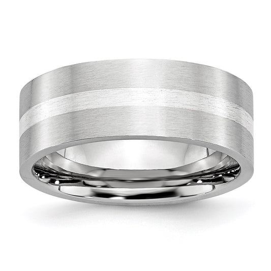 Unisex Fashion Jewelry, Chisel Brand Cobalt Sterling Silver Inlay Satin 8mm Flat Ring Band