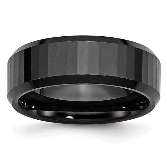 Unisex Fashion Jewelry, Chisel Brand Ceramic Beveled Edge, Black Faceted 8mm Polished Ring Band