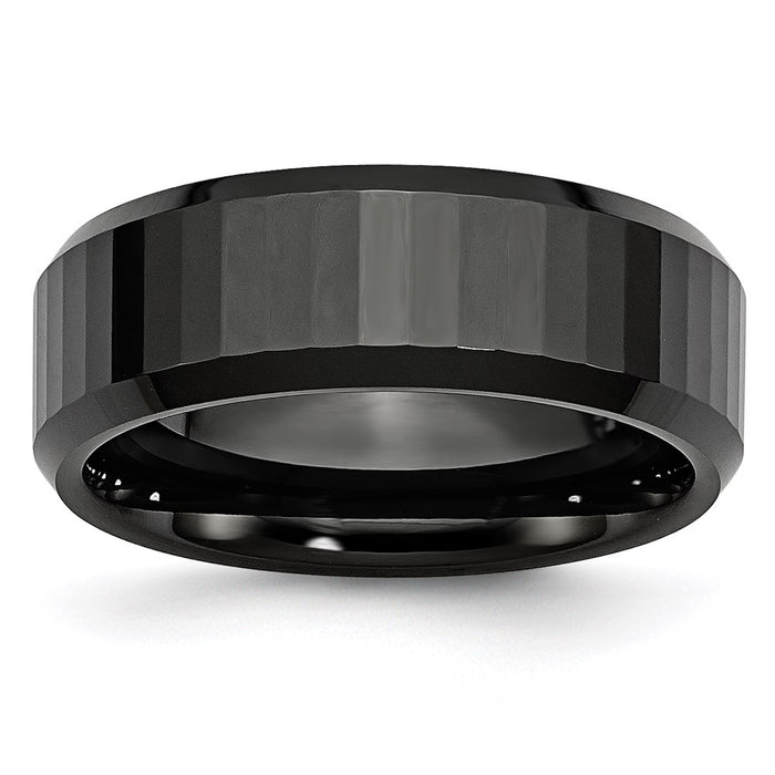 Unisex Fashion Jewelry, Chisel Brand Ceramic Beveled Edge, Black Faceted 8mm Polished Ring Band