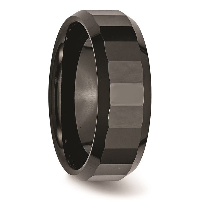 Unisex Fashion Jewelry, Chisel Brand Ceramic Black Faceted Beveled Edge 8mm Polished Ring Band