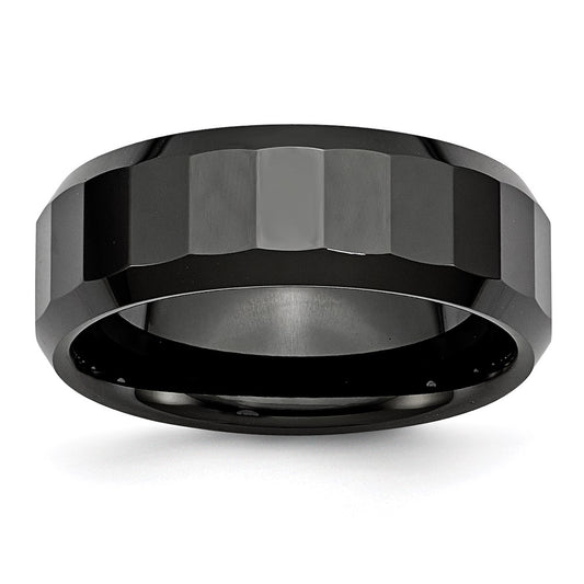 Unisex Fashion Jewelry, Chisel Brand Ceramic Black Faceted Beveled Edge 8mm Polished Ring Band