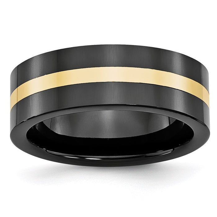 Unisex Fashion Jewelry, Chisel Brand Ceramic Flat Black with 14k Inlay 8mm Polished Ring Band