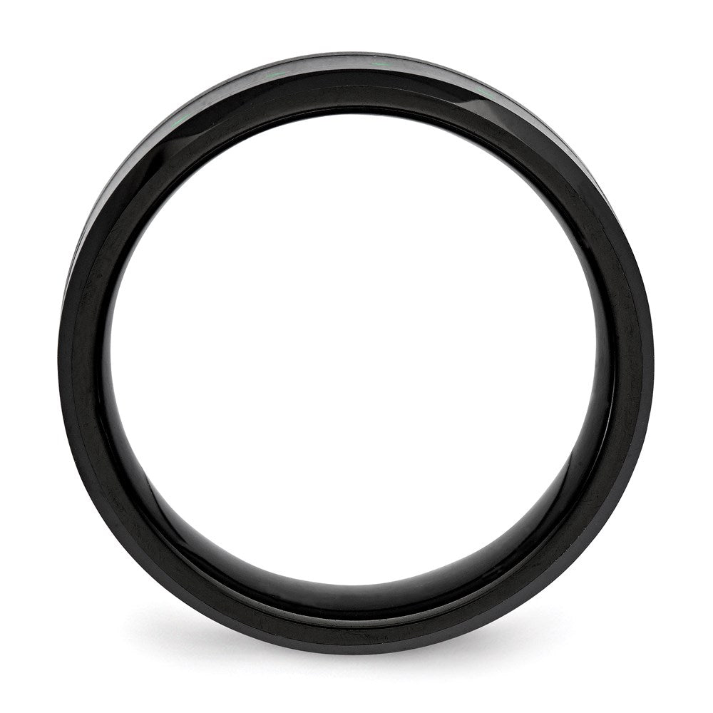 Men's Fashion Jewelry, Chisel Brand Ceramic Black with Green Carbon Fiber Inlay Beveled Edge Ring