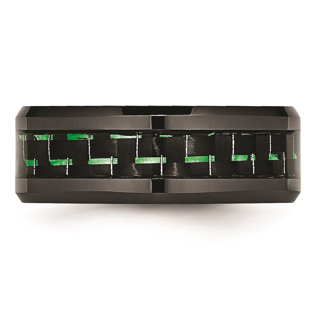 Men's Fashion Jewelry, Chisel Brand Ceramic Black with Green Carbon Fiber Inlay Beveled Edge Ring