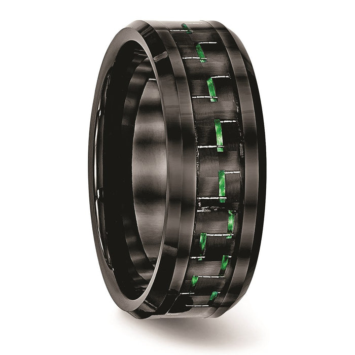 Men's Fashion Jewelry, Chisel Brand Ceramic Black with Green Carbon Fiber Inlay Beveled Edge Ring