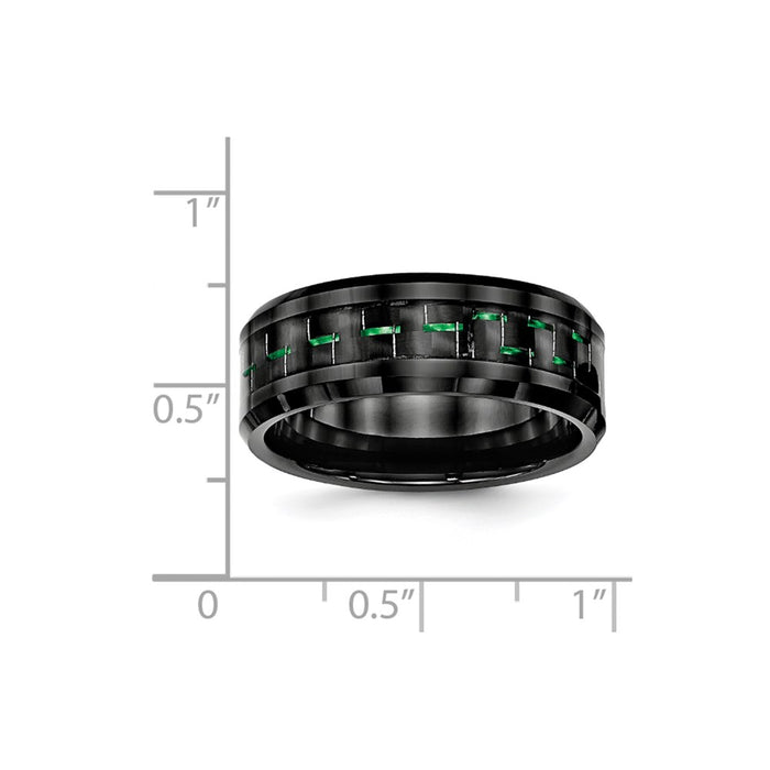 Men's Fashion Jewelry, Chisel Brand Ceramic Black with Green Carbon Fiber Inlay Beveled Edge Ring
