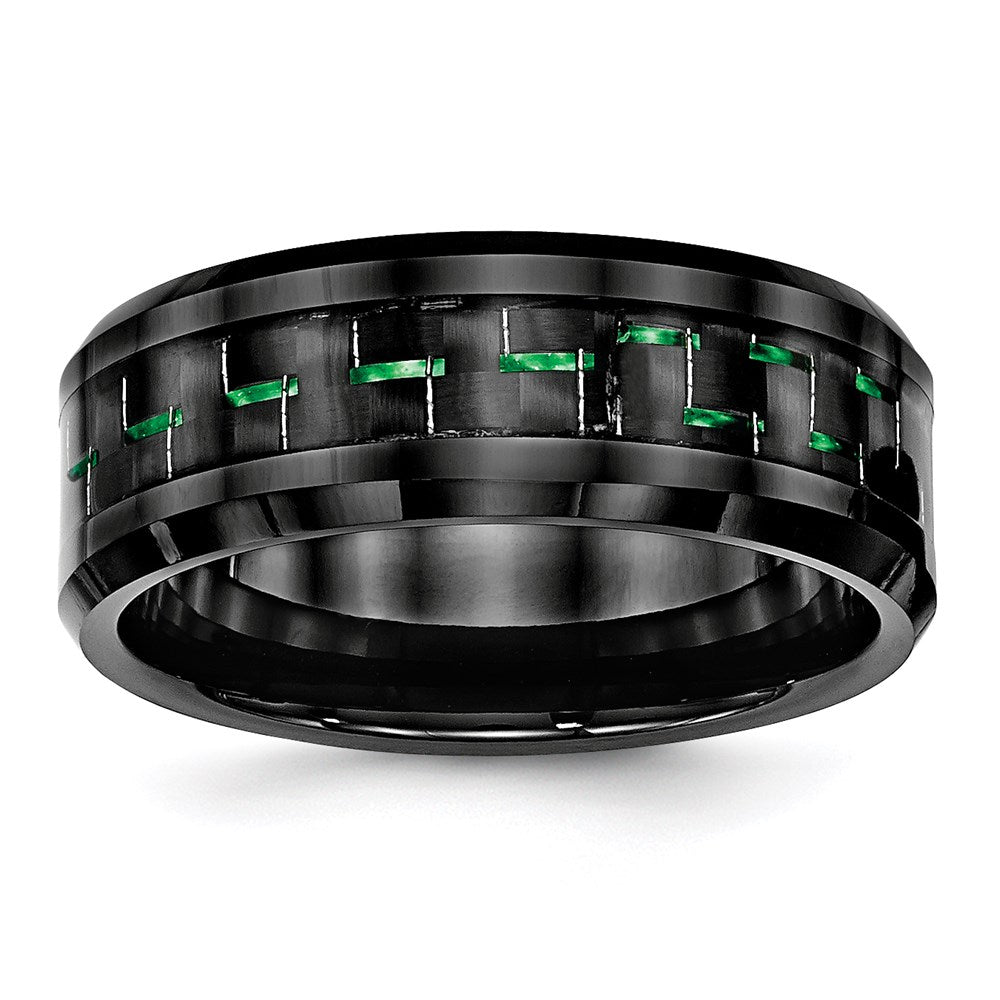 Men's Fashion Jewelry, Chisel Brand Ceramic Black with Green Carbon Fiber Inlay Beveled Edge Ring