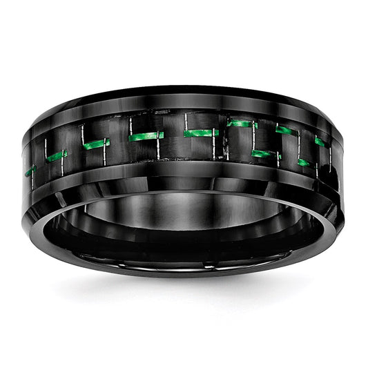 Joyería de moda para hombre, anillo de cerámica negra marca Chisel con incrustación de fibra de carbono verde y borde biselado