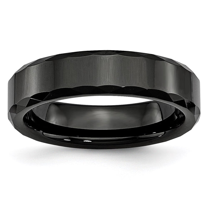 Unisex Fashion Jewelry, Chisel Brand Ceramic Black Faceted and Beveled Edge 6mm Polished Ring Band
