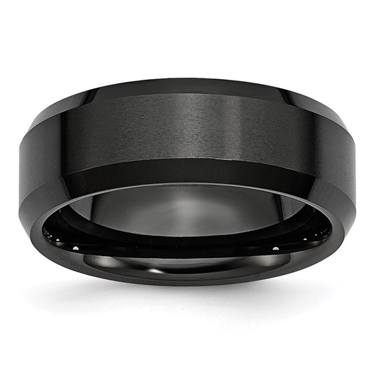 Unisex Fashion Jewelry, Chisel Brand Ceramic Black 8mm Beveled Edge Brushed and Polished Ring Band