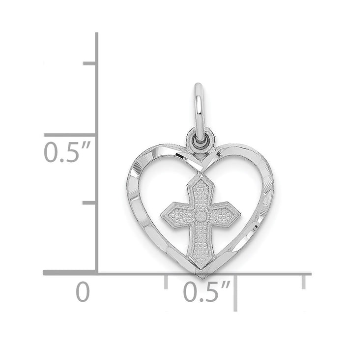 Million Charms 14K White Gold Themed Relgious Cross In Heart Charm