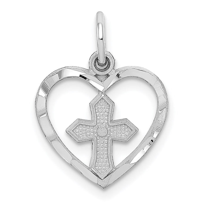 Million Charms 14K White Gold Themed Relgious Cross In Heart Charm