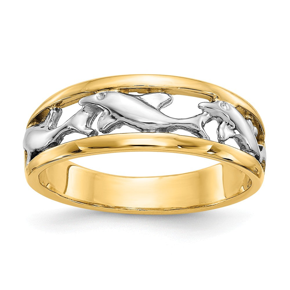 14k Two-Tone Gold With Rhodium Dolphin Ring, Size: 6