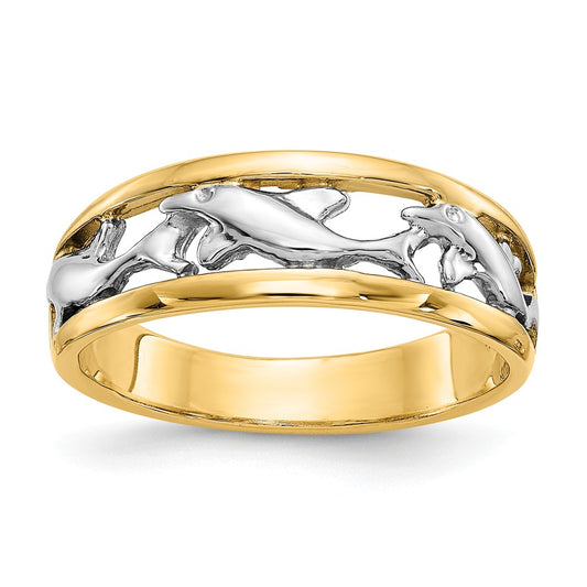 14k Two-Tone Gold With Rhodium Dolphin Ring, Size: 6