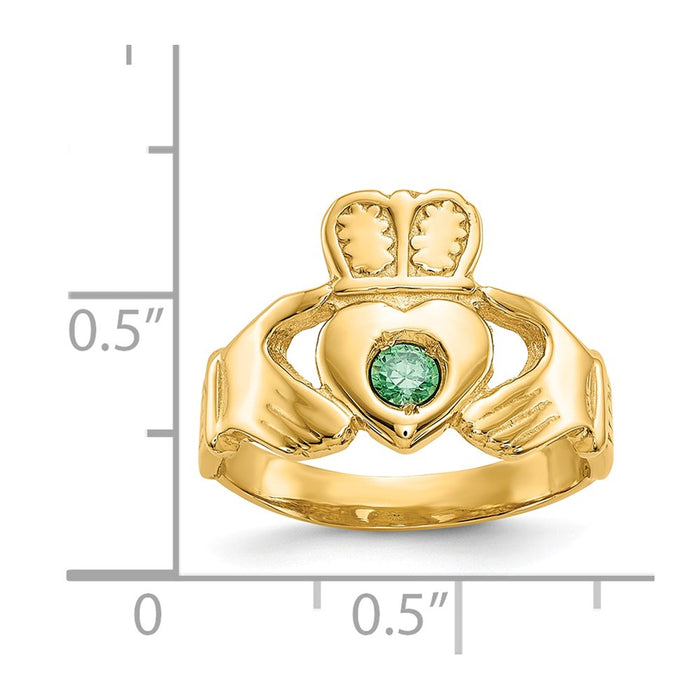 14k Yellow Gold Imitation Green Stone Claddagh Ring, Size: 7