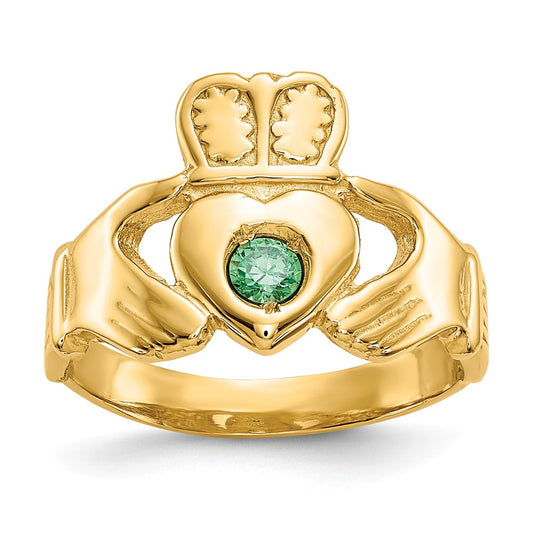 14k Yellow Gold Imitation Green Stone Claddagh Ring, Size: 7