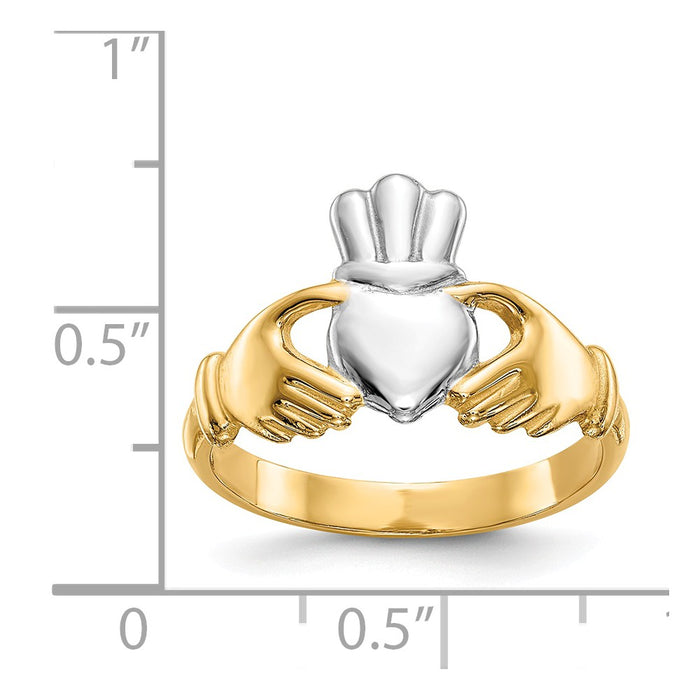 14k Polished & Rhodium Claddagh Ring, Size: 6.5