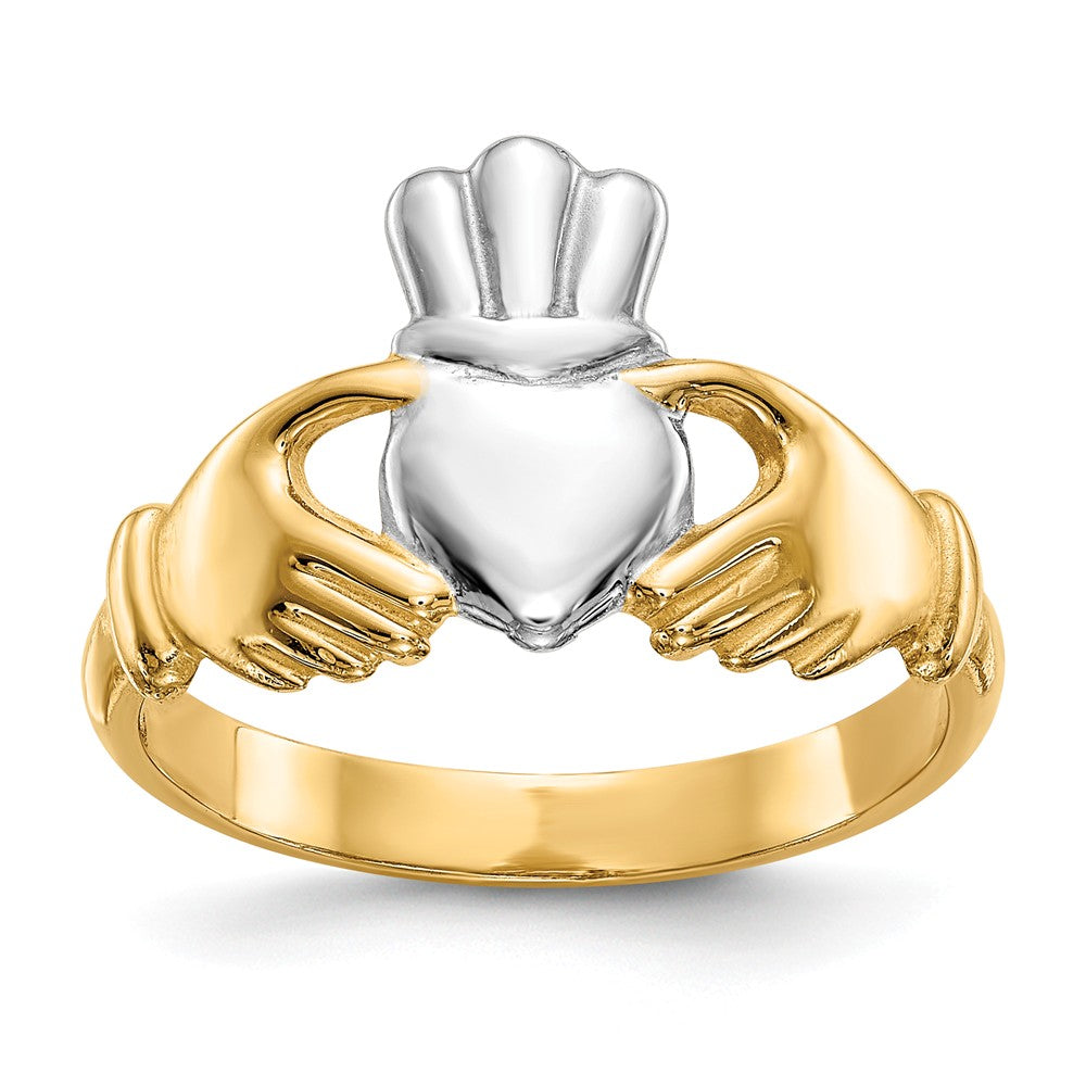 14k Polished & Rhodium Claddagh Ring, Size: 6.5