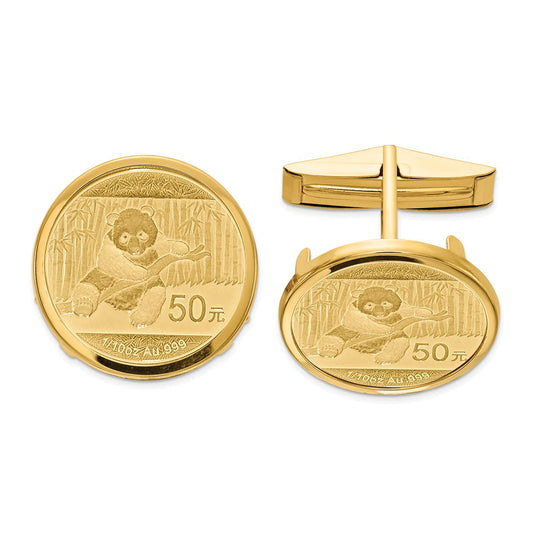 Occasion Gallery, Men's Accessories, 14k Yellow Gold 1/10oz Mounted Panda Coin Polished Plain Bezel Cuff Links