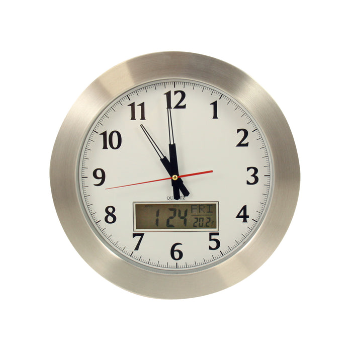 Occasion Gallery Silver Color "Greenwich" 15" Stainless Quartz Clock with Digital Day, Date & Temperature.  1.85 L x 15 W x 15 H in.