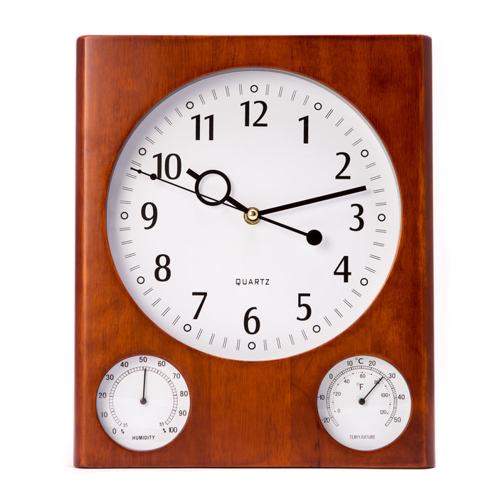 Occasion Gallery Brown Color "Cherry" Wood Wall Clock with Thermometer & Hygrometer.  12.75 L x 10.75 W x 1 H in.