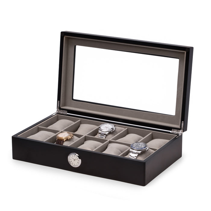 Occasion Gallery Black Color Black wood ten watch box with quartz movement clock 14.75 L x 8.5 W x 3.5 H in.