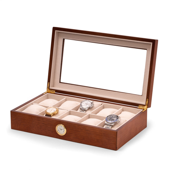 Occasion Gallery Cherry Wood Color Cherry wood ten watch box with quartz movement clock 14.75 L x 8.5 W x 3.5 H in.
