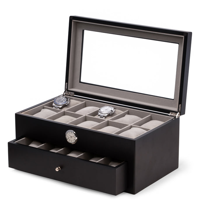 Occasion Gallery Black Color Black wood twenty watch box with quartz movement clock 14.75 L x 8.5 W x 6.5 H in.