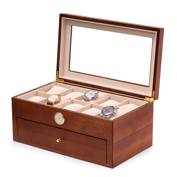 Occasion Gallery Cherry Wood Color Cherry wood twenty watch box with quartz movement clock 14.75 L x 8.5 W x 6.5 H in.