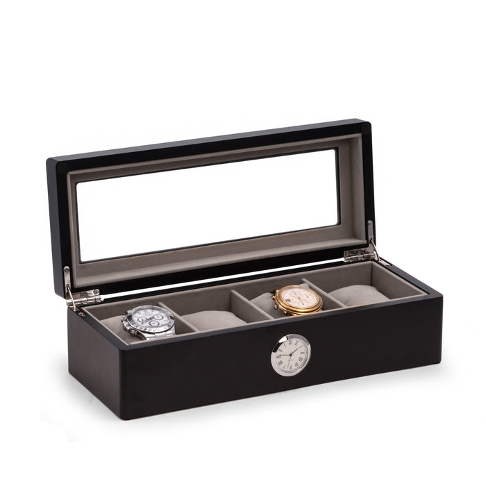 Occasion Gallery Black  Color Black wood four watch box with quartz movement clock 11.25 L x 4.5 W x 3.25 H in.