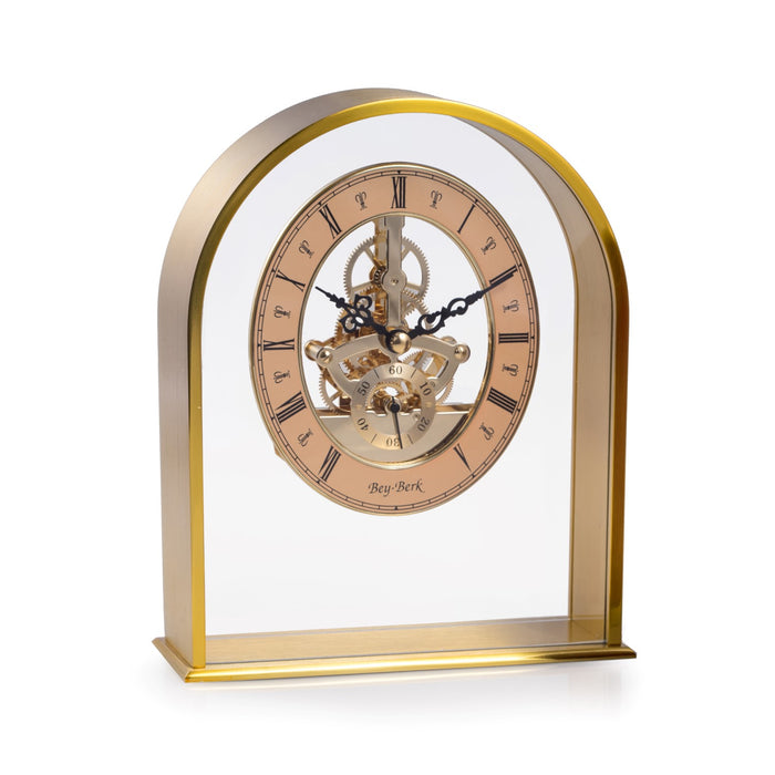 Occasion Gallery Gold Color "Georgetown", Brushed Gold Plated Quartz Clock with Skelton Movement. 6.25 L x 2.25 W x 7.75 H in.