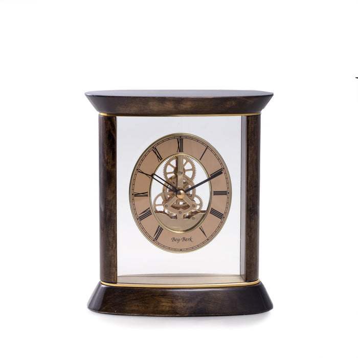Occasion Gallery Walnut/Gold Color "Miami", Lacquered "Walnut" Wood and Gold Accents Quartz Clock with Skelton Movement. 6 L x 3 W x 7 H in.