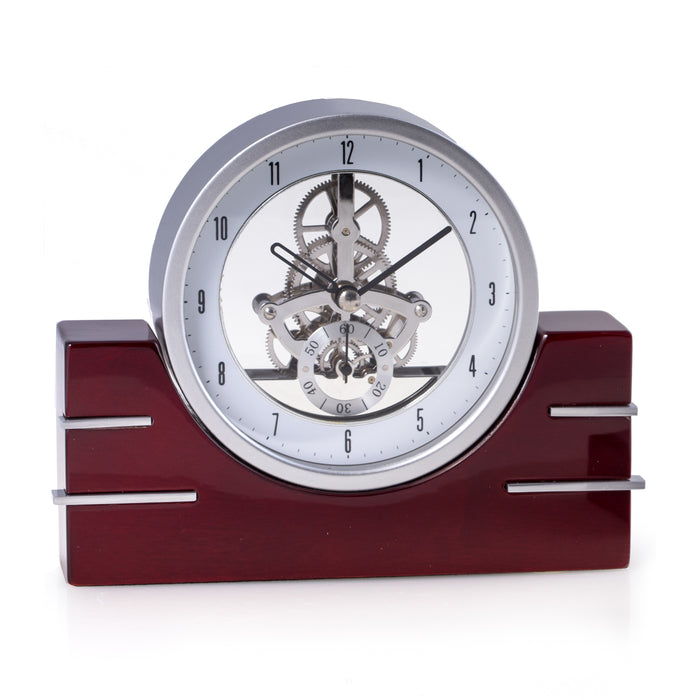 Occasion Gallery Silver/ Rosewood Color "Rio de Janeiro", Lacquered "Mahogany" Wood Skelton Movement Quartz Clock with Stainless Steel Accents. 7 L x 1.5 W x 5.75 H in.