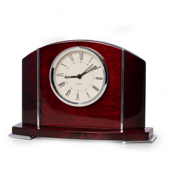 Occasion Gallery Rosewood/Silver Color Lacquered Mahogany Wood Quartz Movement Clock with Stainless Steel Accents. 8.5 L x 2.5 W x 5.5 H in.