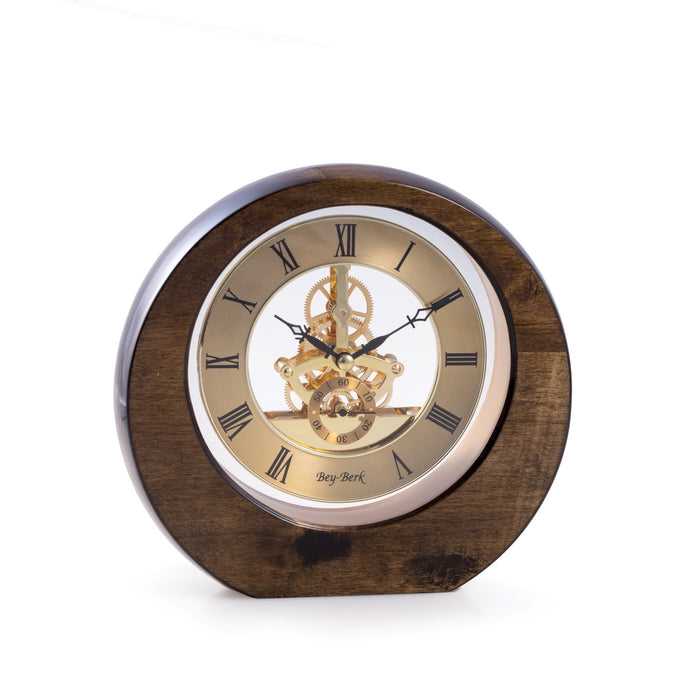 Occasion Gallery Walnut/Gold Color "Garni", Lacquered "Walnut" Wood and Gold Accents Quartz Clock with Skelton Movement. 7.25 L x 7.5 W x 1.75 H in.