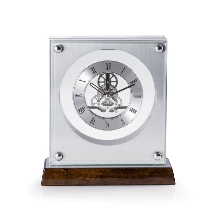 Occasion Gallery Walnut/Silver Color "Ani", Lacquered "Walnut" Wood and Stainless Steel Accents Quartz Clock with Skelton Movement. 7.5 L x 7 W x 2.75 H in.