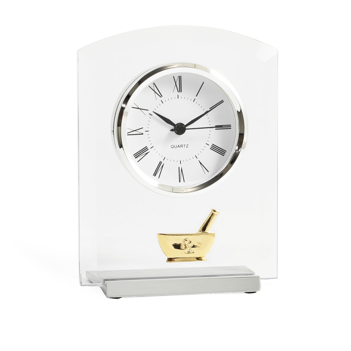 Occasion Gallery Silver Color Pharmacy,, Beveled Glass Quartz Clock with Stainless Steel Accents.  7 L x 5.5 W x 2 H in.
